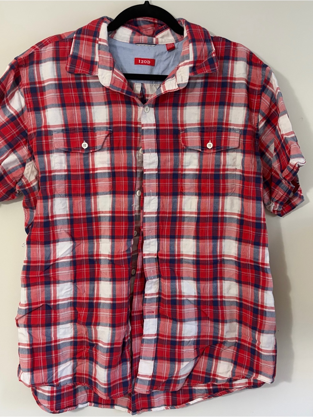 Izod Red and White Plaid Short-Sleeve Button-Down Shirt